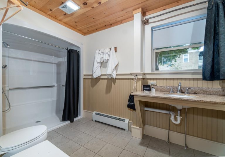 a bathroom with a sink, toilet, and shower