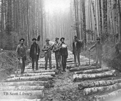 a group of men standing next to each other in a forest